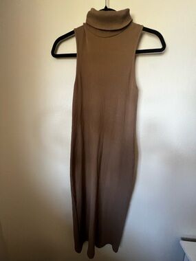 Zara Ribbed Turtleneck Midi Dress Medium Brown Sleeveless Bodycon Minimalist
